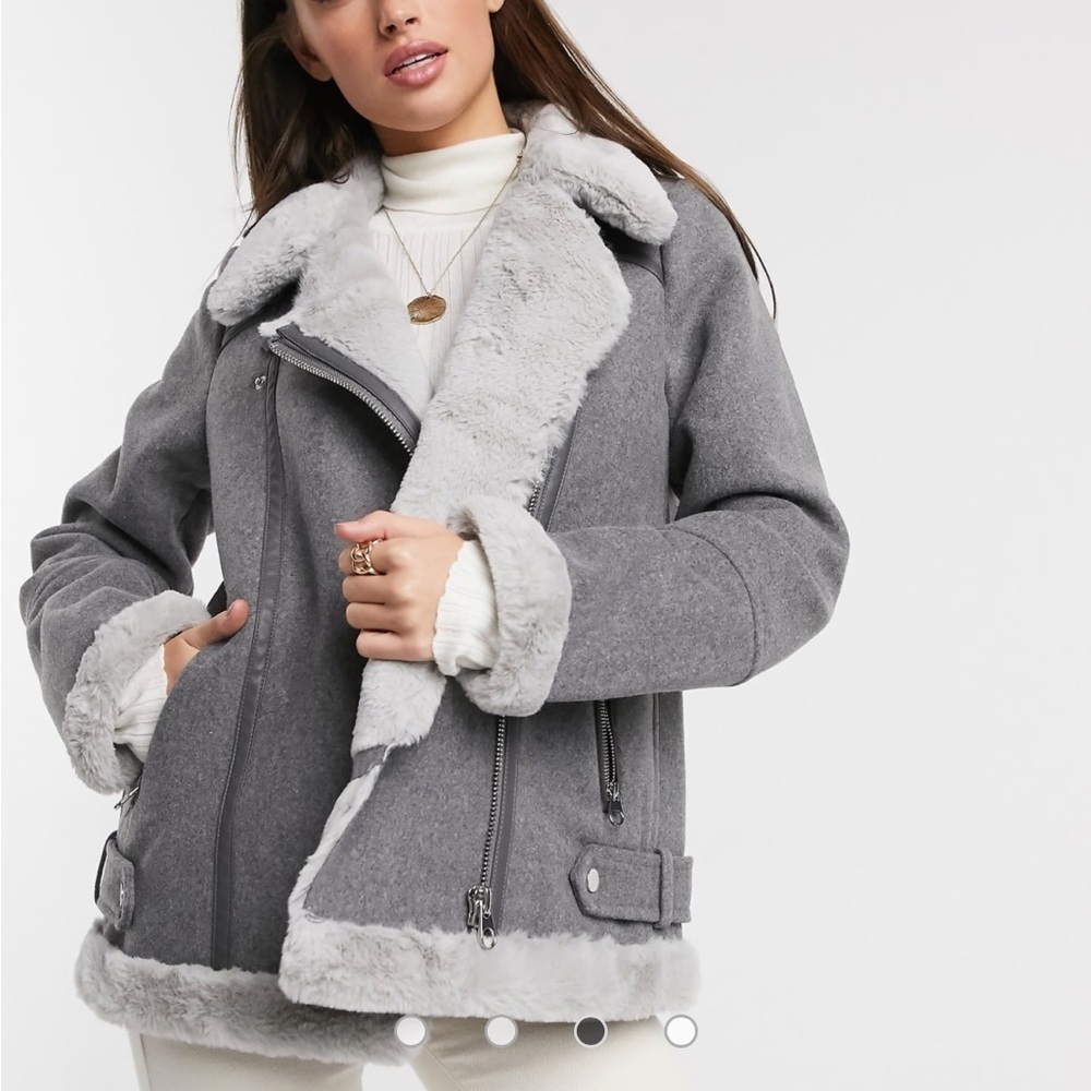 Vero Moda Aviator Jacket in Grey Wool with Faux Fur Trim Size S Brand New - Picture 3 of 11